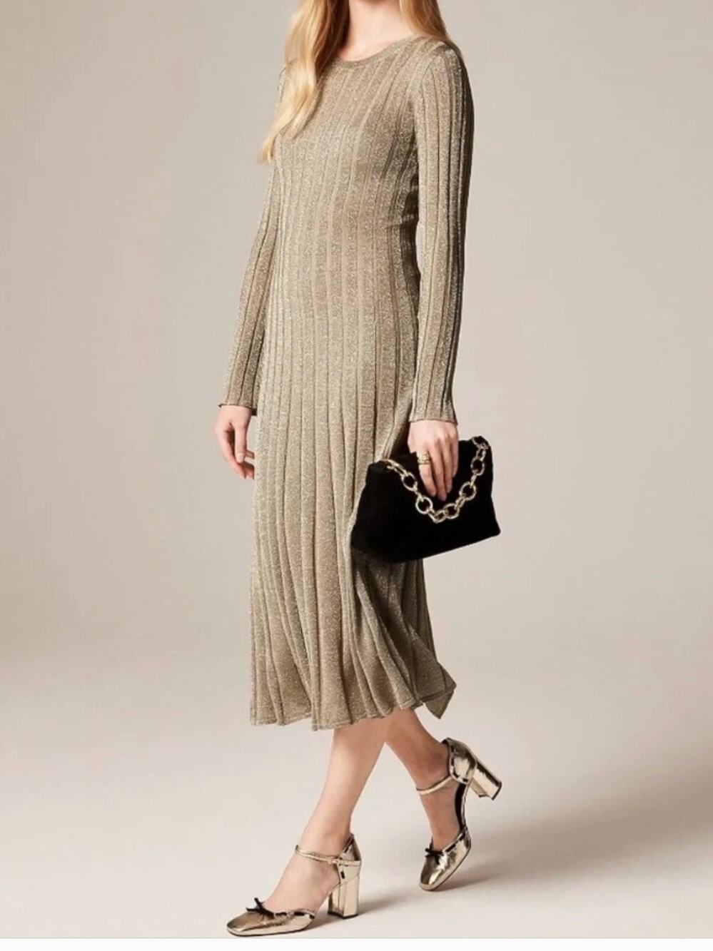 J CREW Rib Knit Flare Midi Dress XXS NWT Gold Lurex Metallic CP162 Pleated 2XS